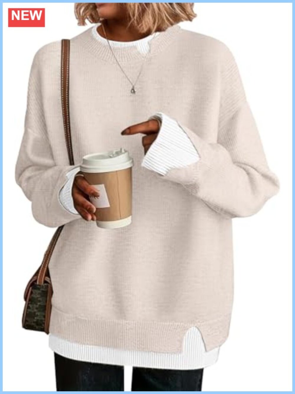 Womens Oversized Crew Neck Sweater Cutout Patchwork Ribbed Knit Fall Winter